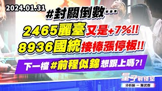 【量子戰情室】#陳武傑0131 #封關倒數…2465麗臺 又是+7%!!；8936國統 接棒漲停板!!下一檔#前程似錦 想跟上嗎?! (圖)