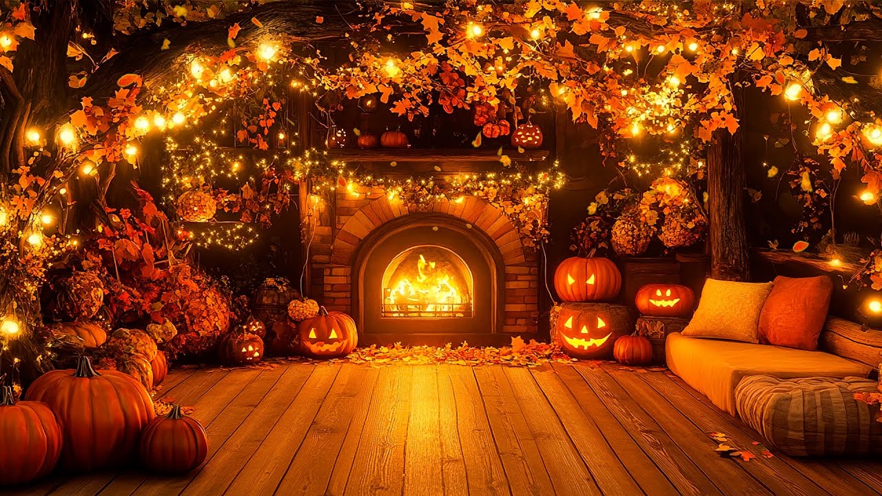 Cozy Jazz Music in a Pumpkin Wonderland 🎃🍂 Relaxing Fireplace Sounds for a Magical Fall Evening 🔥