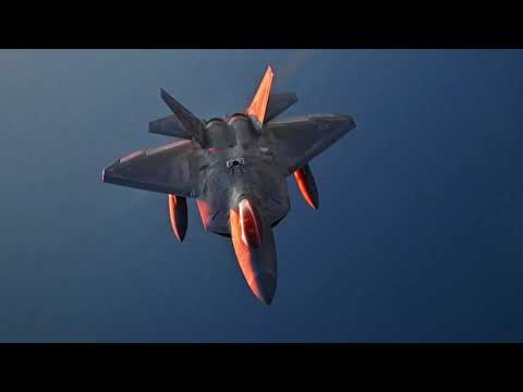 U.S. Air Force KC-135R Stratotanker to refuel U.S. Air Force F-22 Raptors at sunset