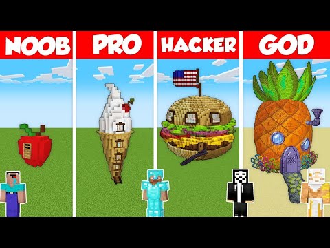 GIANT FOOD BASE HOUSE BUILD CHALLENGE - Minecraft Battle: NOOB vs PRO vs HACKER vs GOD / Animation