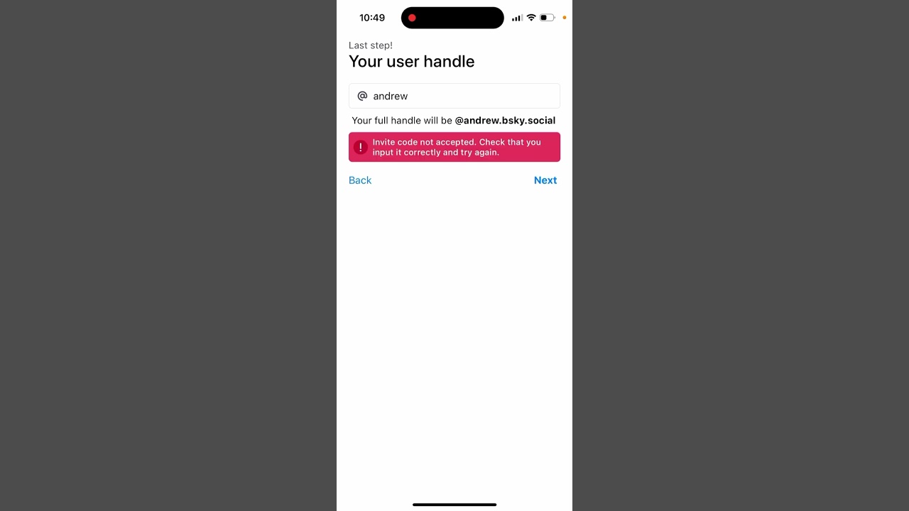 BlueSky app “Invite code not accepted. Check that you input it correctly and try again”