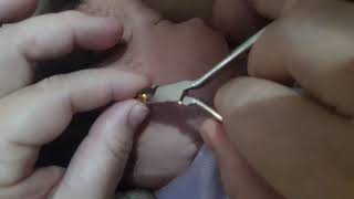 Tirando o primeiro  brinco do bebê