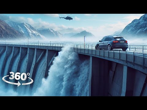 360° Dam Collapse Flood - Escape Small Tsunami in Car with Girlfriend VR 360 Video