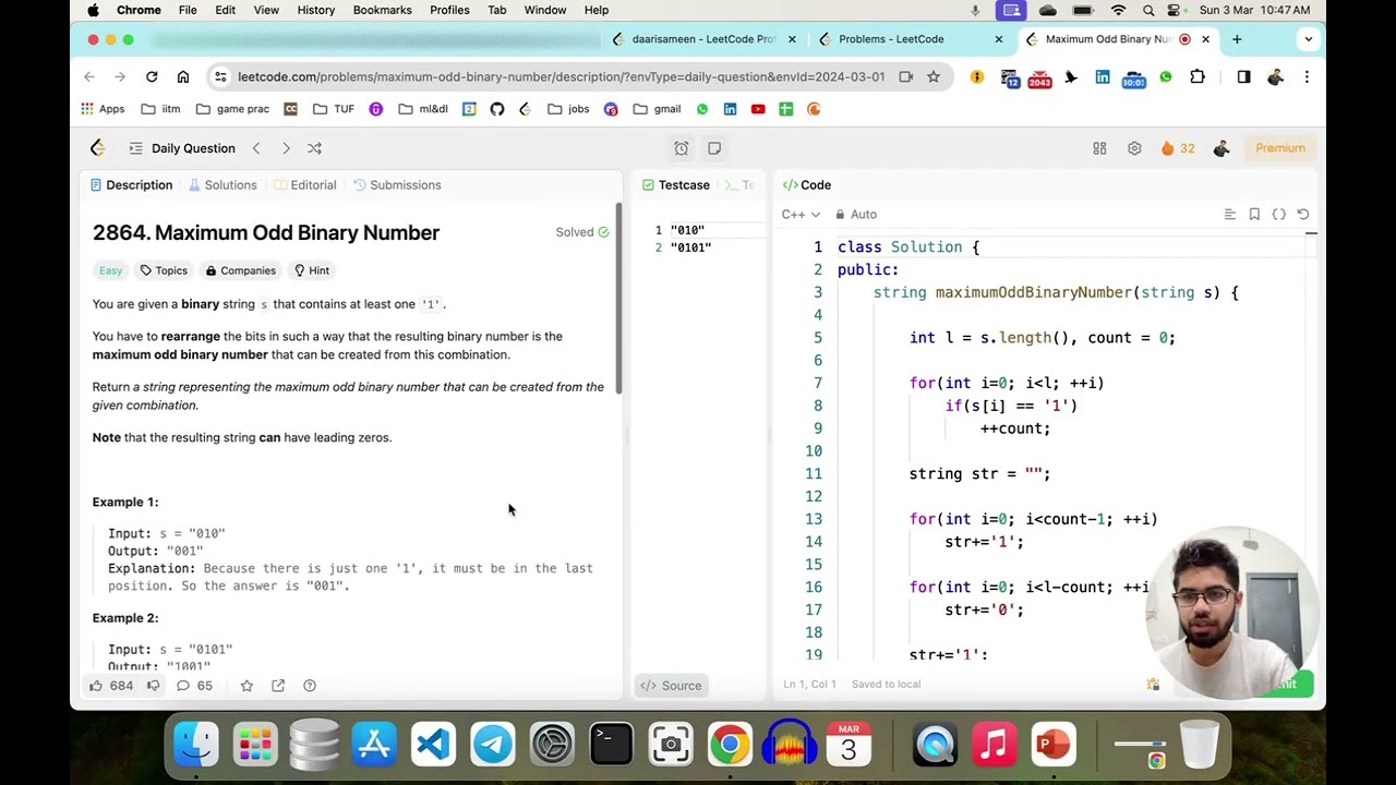 Maximum Odd Binary Number | March Streak 2024 | Leetcode 2864