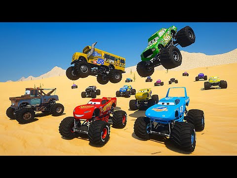 Race Crazy Cars in the Desert Monster Trucks McQueen The King Tow Truck Mater Miss Fritter & Friends