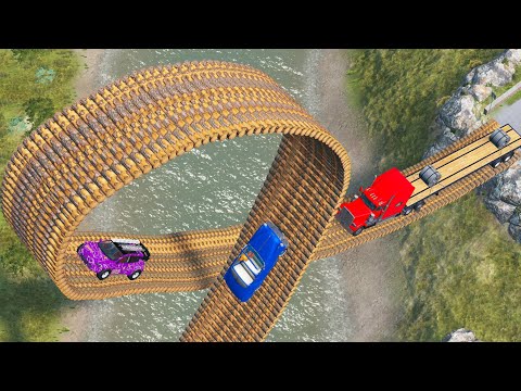 Cars Impossible Jumping on Long Loop Bridge LUONG3 - Super Truck Car Vs Deep River - BeamNG.Drive