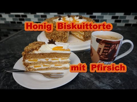 Honig Biskuittorte mit Pfirsich, zart und fluffig.