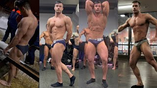 Young Bodybuilder In Underwear Posing Practice Flexing On Stage Backstage Epiphany Ice Bath