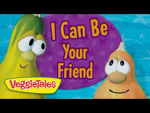 Two VeggieTales characters (a green veggie and an orange veggie) smile beside a purple circle that reads "I Can Be Your Friend."