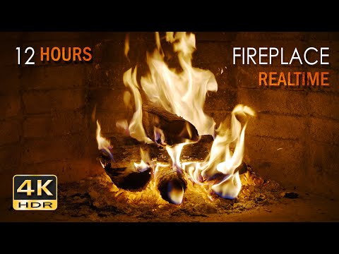 4K HDR - 12 Hours REALTIME Fireplace - Fire Burning Video & Crackling Sounds - NO LOOP - Ultra HD