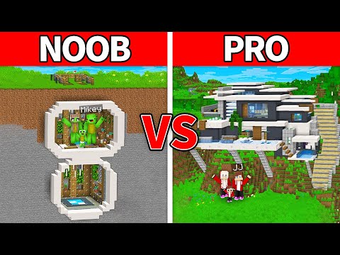 JJ Family & Mikey Family - NOOB vs PRO : Mountain Modern House Build Challenge in Minecraft!
