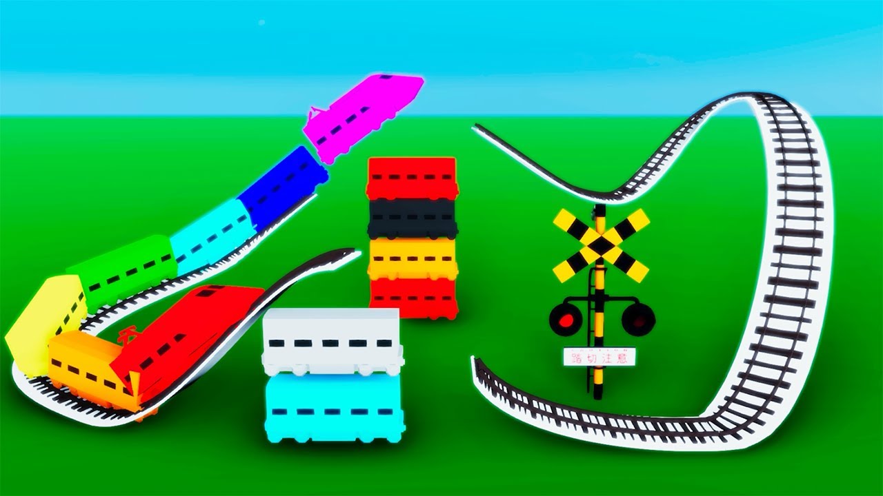 【踏切アニメ】飛び越えるカラフルな電車【カンカン】Railroad Crossing Train Animation