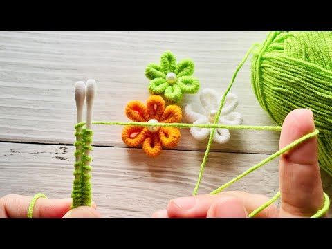 DIY How to make woolen flowers with a cotton swab - easy woolen flower making #hoangart