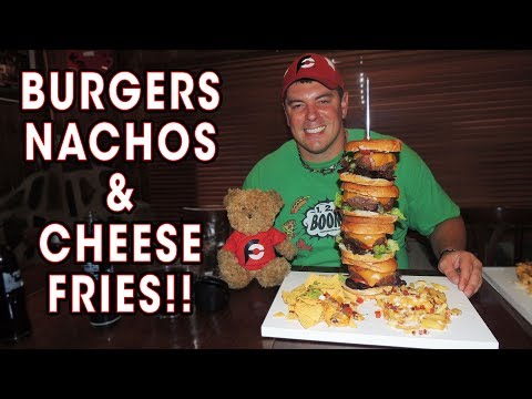 Quadruple Bourbon Burger Challenge w/ Nachos & Cheese Fries in Spain!!