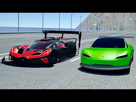 Bugatti Bolide GTR Concept vs Tesla Roadster GTR Concept Drag Race at 24 KM Straight Road