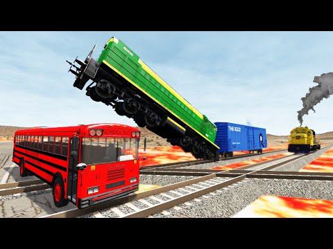 Cars vs Lava Crosses Road - Cars vs Double Rails - BeamNG.Drive