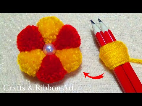 Amazing Woolen Craft Ideas with Pencil - Easy Pom Pom Flower Making - DIY Woolen Flowers