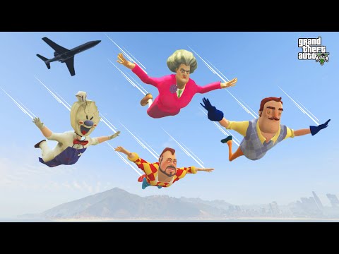 UÇAN KÖTÜLER KAPIŞMASI 😱 GTA 5 Hello Neighbor - Dark Riddle - Scary Teacher Yarış