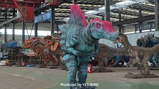 Wearable Spinosaurus costume with tall sail walking outdoors