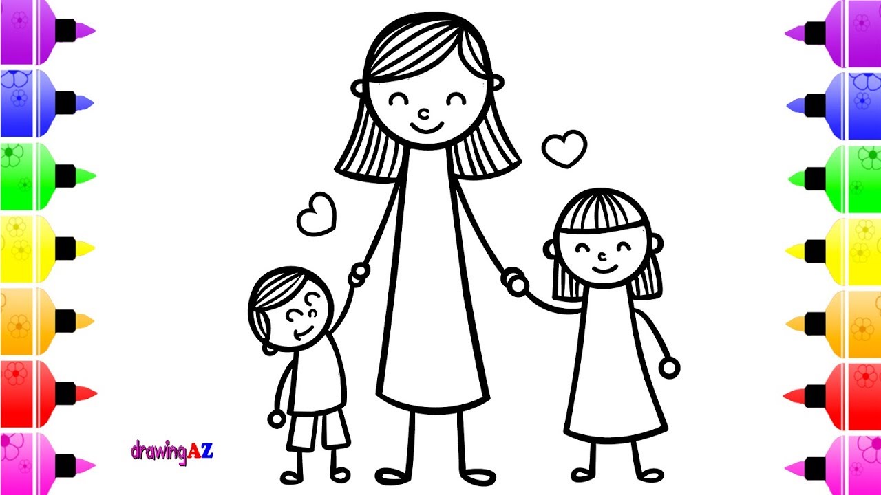 How to Draw Mother and Child Happy | Happy Mother's Day Coloring Page with Colored marker
