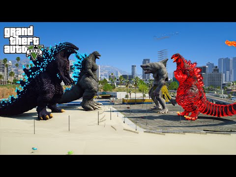 Godzilla BOB, Godzilla Ride vs Shin Godzilla, WereShark - The Battle of God Sea ( GTA V Mods )