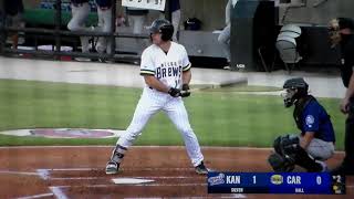 Carolina Mudcats' catcher Alex Hall hits a triple vs. Kannapolis