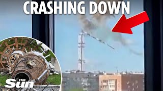 Moment 787ft TV tower snaps and smashes to ground after Russian missile blitz on Ukraine