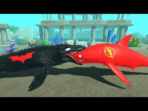 BATMAN VS FLASH. SHARK VS MOSASAURUS - Animal Revolt Battle Simulator