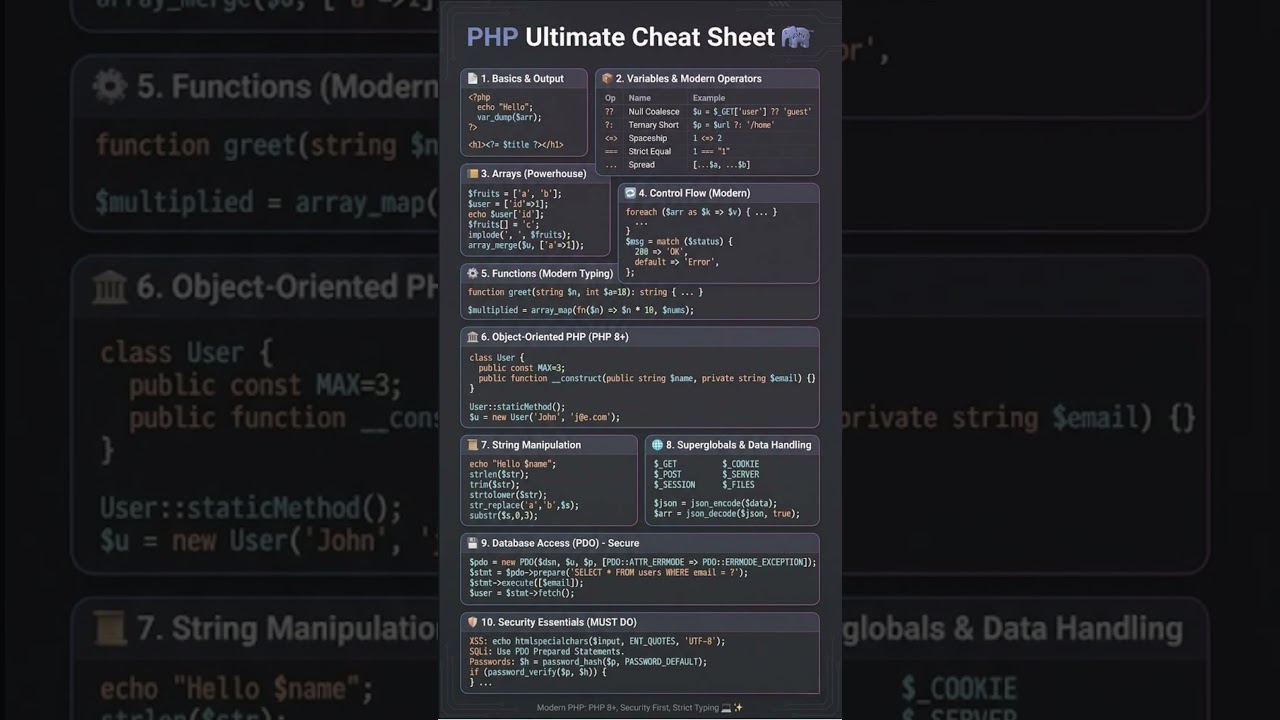 PHP Ultimate Cheat Sheet 🐘 | Modern PHP 8, Arrays, OOP, PDO & Security