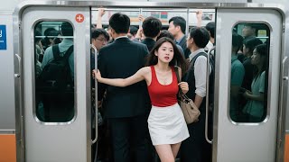 Tense Subway Jolt – Girl Trapped Between Crowd and Wall –  seoul metro #rush #seoul #rushhour #metro