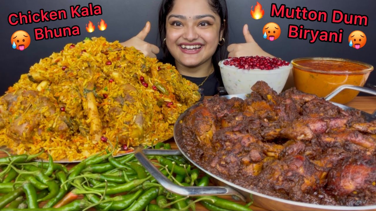 MUTTON HYDERABADI DUM BIRYANI WITH GREEN CHILLIES AND SPICY CHICKEN KALA BHUNA, ANAAR RAITA & GRAVY 