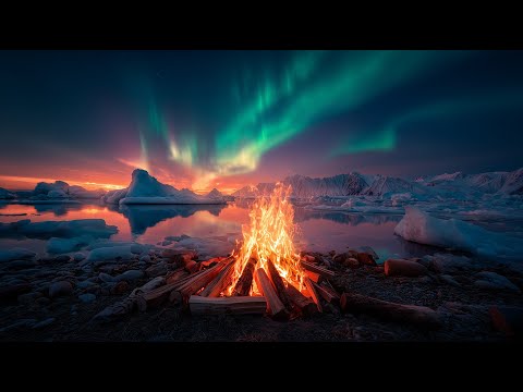 Northern Lights Campfire (24/7)🔥 Arctic Ice, Aurora Sky & Pure Nature Ambience