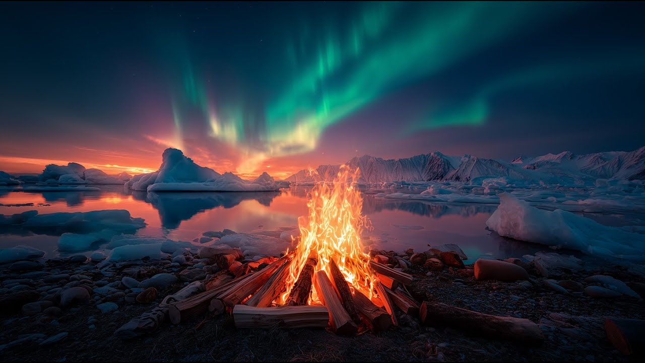 Northern Lights Campfire (24/7)🔥 Arctic Ice, Aurora Sky & Pure Nature Ambience