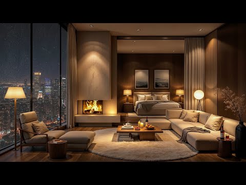 Relaxing Night Jazz in Cozy Chicago Apartment 🌃 Soft Jazz Music & Rain on Window, Fireplace Sounds