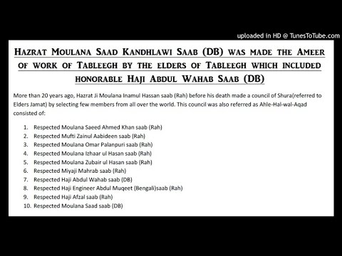 MAULANA SAAD Sb (DB) - Ameer by Decision of Shuraa - Explanation by Mufti Syed Umar