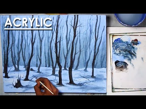 How to Paint A Winter Night Forest in Acrylic | step by step