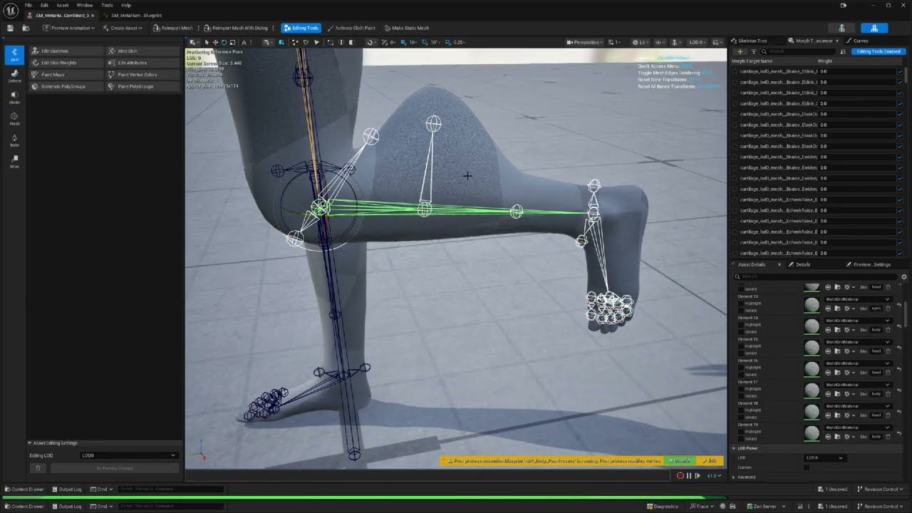 The combined skeletal mesh open in Unreal Engine's Skeletal Mesh editor, with the head's morph targets listed and the bones of the posed leg drawn
