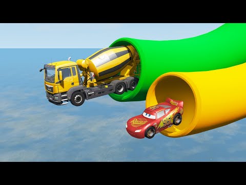 Cars vs Portal Trap With Slide Color - Car vs Rails and Train - BeamNG.Drive