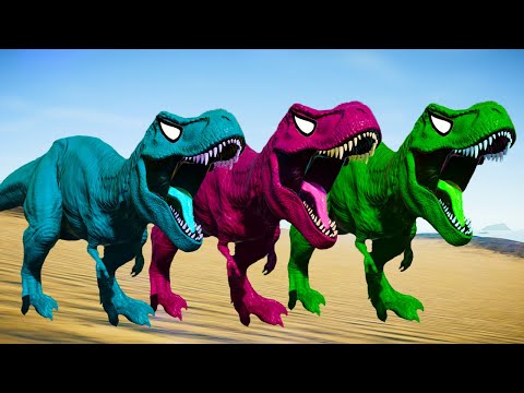 Rexy Colour Pack vs Indoraptor, Allosaurus, Spinosaurus - Jurassic World Evolution Dinosaur Fighting