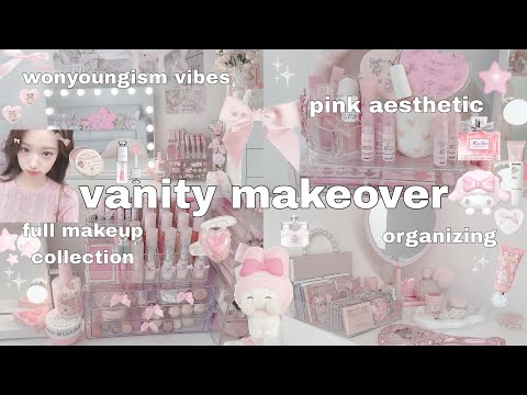 aesthetic vanity makeover 🎀🪞full makeup collection, organizing, wonyoungism vibes 🦢