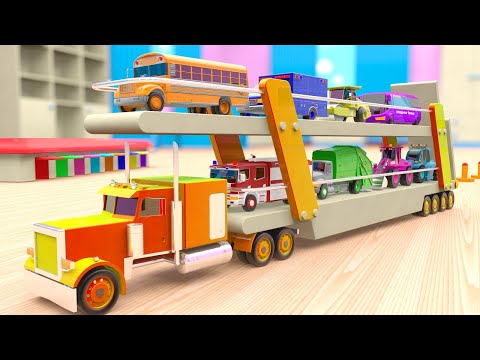 Learning Colors with Toy Street Vehicles with Car Transport Truck for Kids, 3D Vehicles