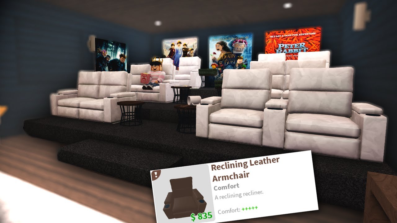 building a bloxburg MOVIE THEATER ROOM with THE NEW UPDATE RECLINING CHAIRS...