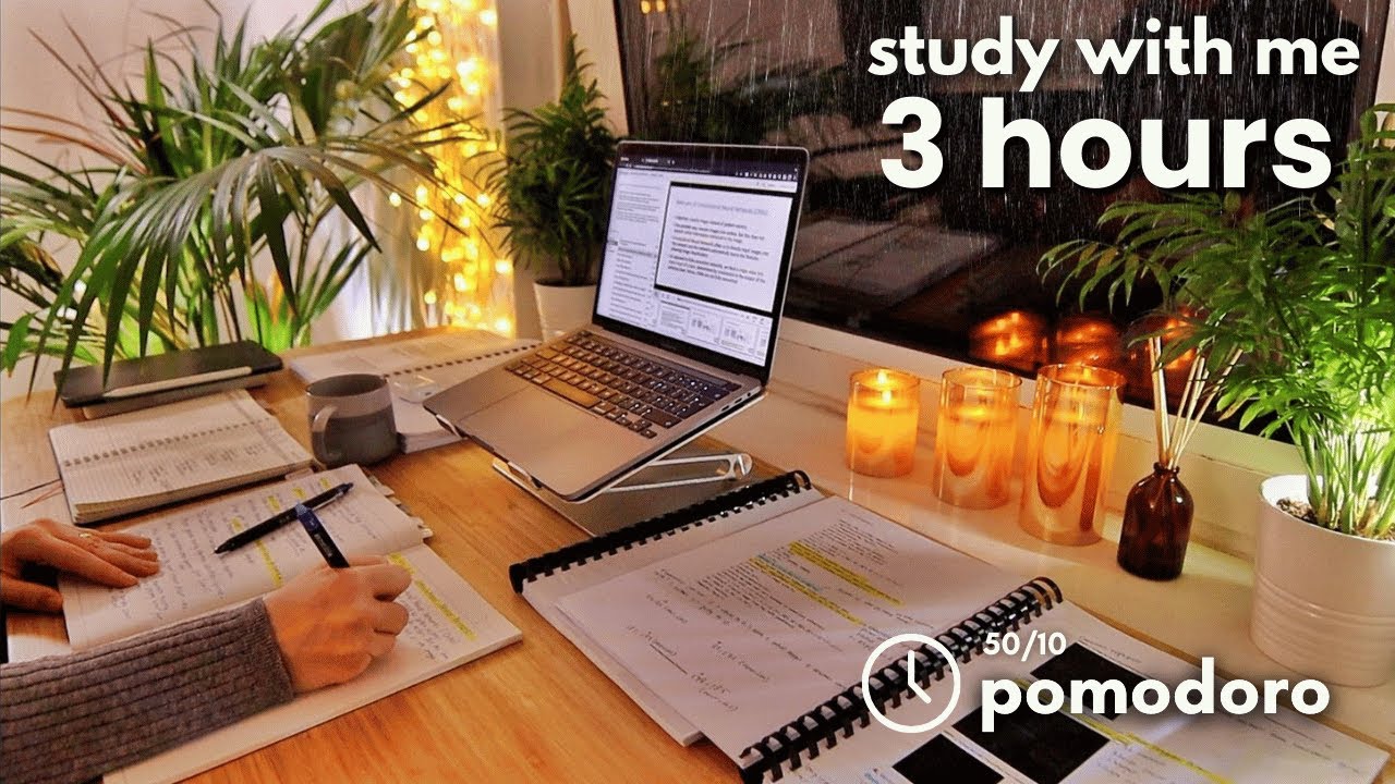 3 HOUR STUDY WITH ME | Background noise, 10 min Break, No music, Study with Merve