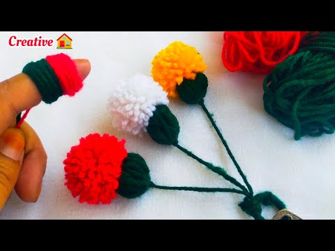 Amazing Pom Pom Flower Craft Idea with Fingers | Easy Woolen Flower Making | Hand Embroidery Trick