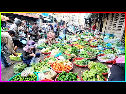Cambodian Wet Food Market Scenes - Fish, Chicken, Pork, Meat, Vegetables, Fruits, Vendors & Buyers