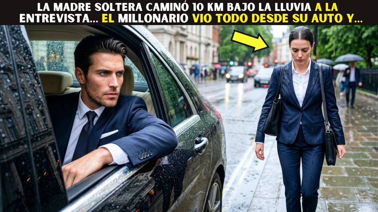 La madre soltera caminó 10 km bajo la lluvia a la entrevista… el Millonario vio todo desde su auto y
