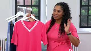 Cuddl Duds Cottonwear+ V-Neck Crochet Trim Tee on QVC