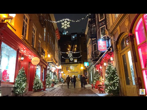 [4K]🇨🇦 Old Quebec City Night Walk🎄Festive Christmas...