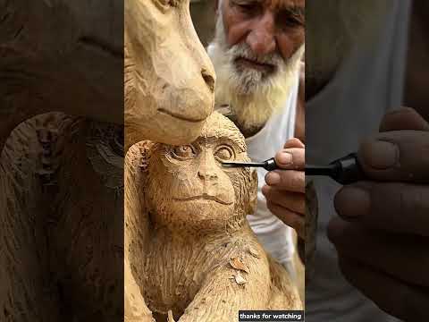 Old villager carving monkey mother and baby statue | Wooden art | #woodcarving #woodstatue #wood