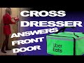 CROSSDRESSER ALEXANDRA ANSWERS THE DOOR TO PICK UP HER FOOD IN RED SATIN DRESS AND PANTYHOSE